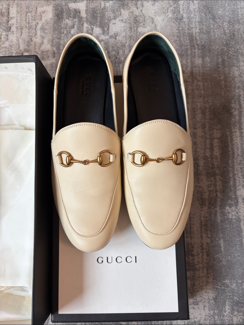 Gucci Cream Leather Horsebit Slip-On Loafers Sz:37.5